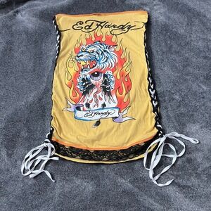 Vintage Ed Hardy Yellow Tiger Flame Lace Up Tube Top Y2K Tattoo Graphic RARE!